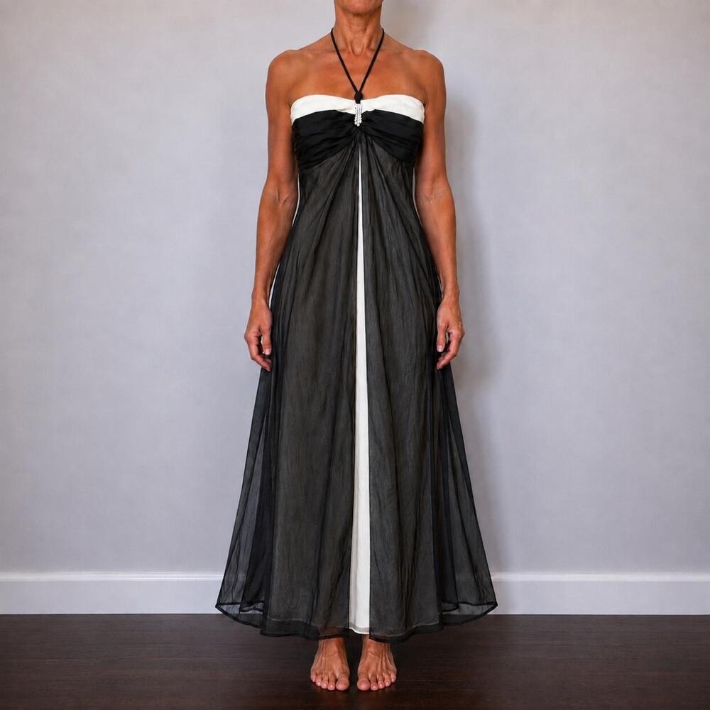 Vintage 90s Old Hollywood Black & White Beata Studio Halter Homecoming Dress S/M